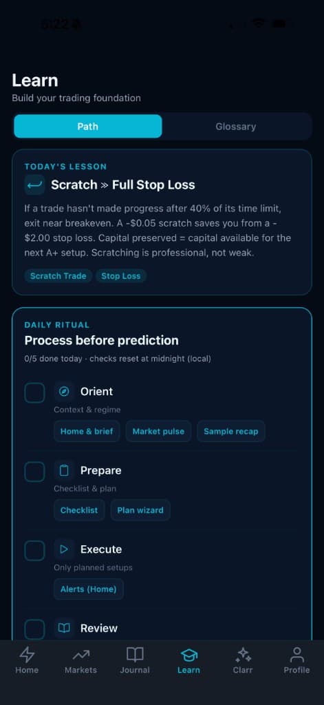 GritIQ Learn — today's lesson on scratch versus full stop loss, daily ritual checklist (Orient, Prepare, Execute, Review)