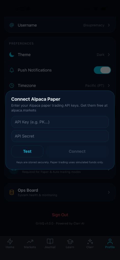 GritIQ Profile — connect Alpaca paper trading API keys modal, push notifications, timezone and theme preferences